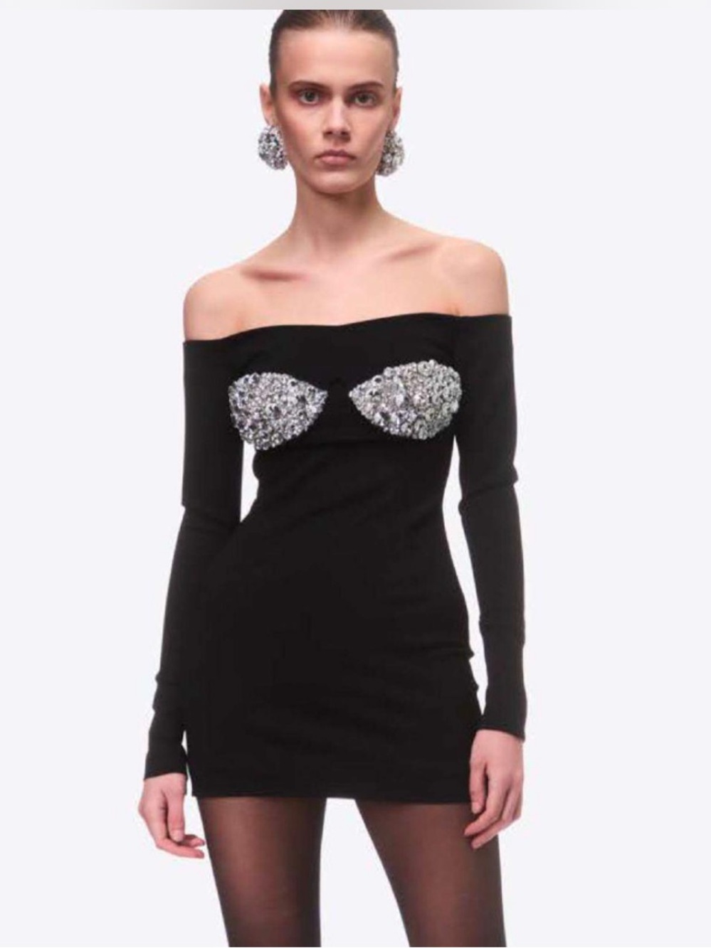 Area rare Off-Shoulder Black Mini Dress with Silver Embellished Bust